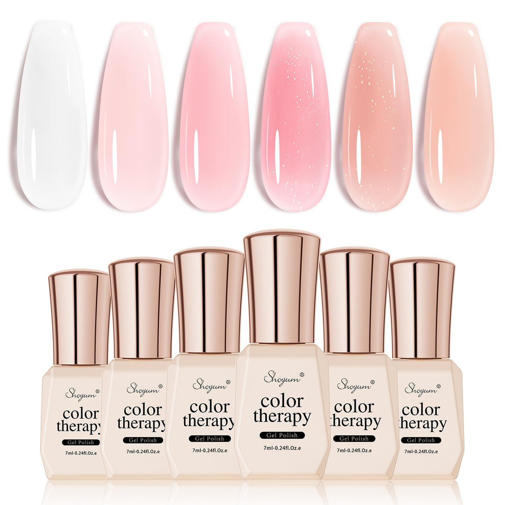 SHOYUM Jelly Gel Nail Polish Set (6x7ml) Nude Pink – Transparent Milky Pink Gel for Nails