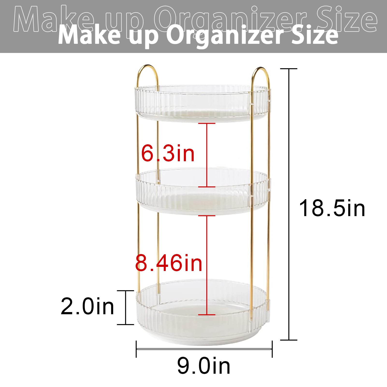 Shuang Qing Rotating Makeup Organizer – Large 3-Tier Vanity Storage, 360° Spin, Clear Countertop Organizer