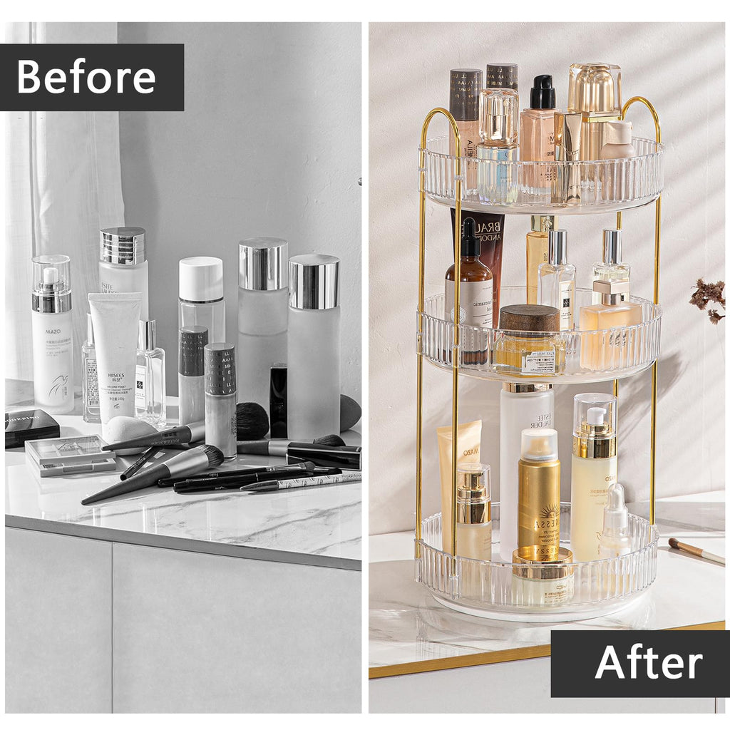 Shuang Qing Rotating Makeup Organizer – Large 3-Tier Vanity Storage, 360° Spin, Clear Countertop Organizer