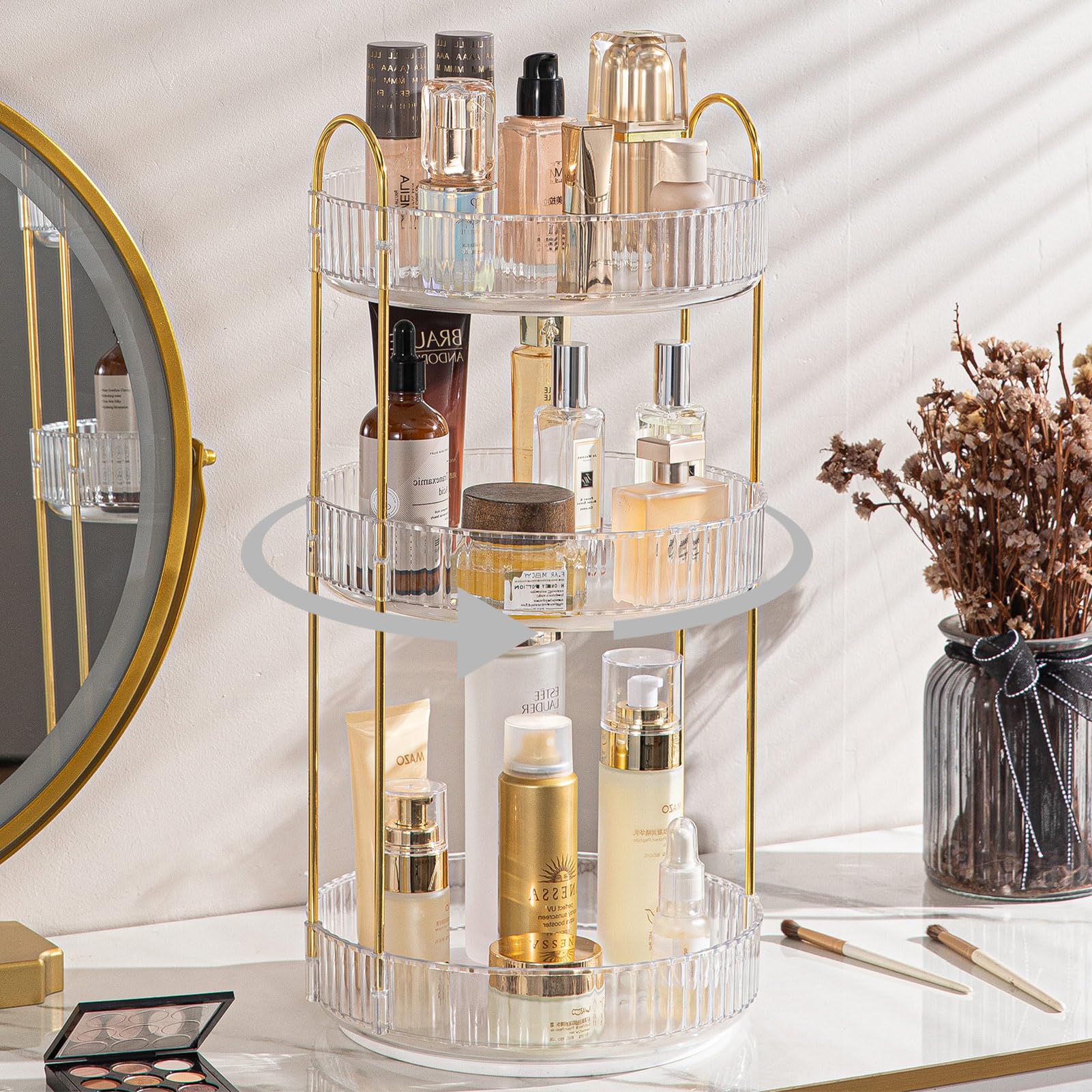 Shuang Qing Rotating Makeup Organizer – Large 3-Tier Vanity Storage, 360° Spin, Clear Countertop Organizer