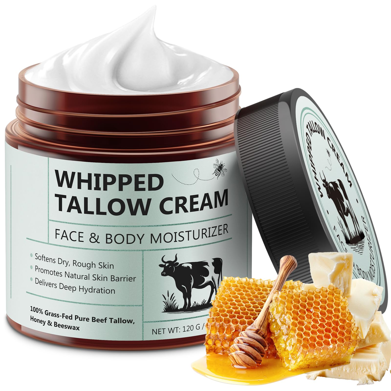 Shuangjia Beef Tallow Whipped Cream – Organic Face Moisturizer, 100% Grass-Fed Tallow, Honey & Beeswax