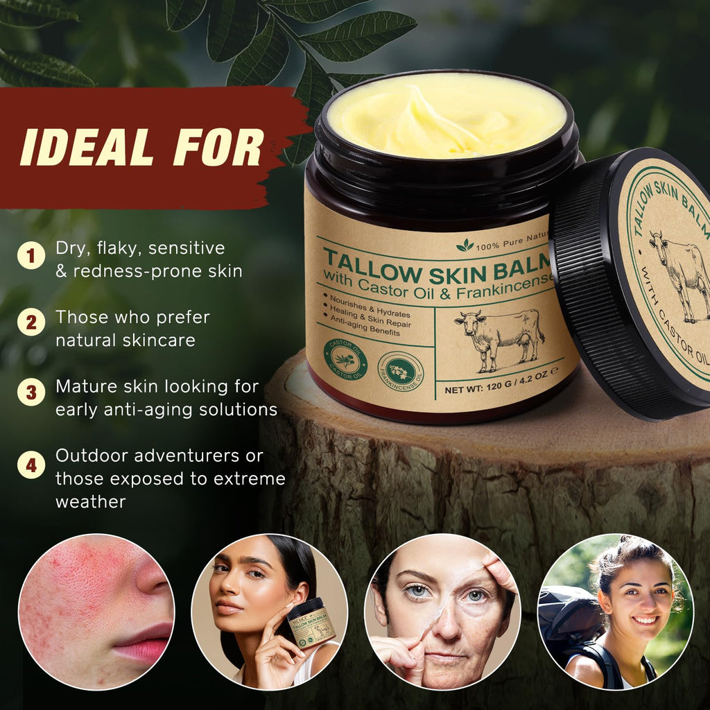 Shuangjia 2-Pack Beef Tallow Balm with Frankincense & Castor Oil – Grass-Fed Skin Moisturizer