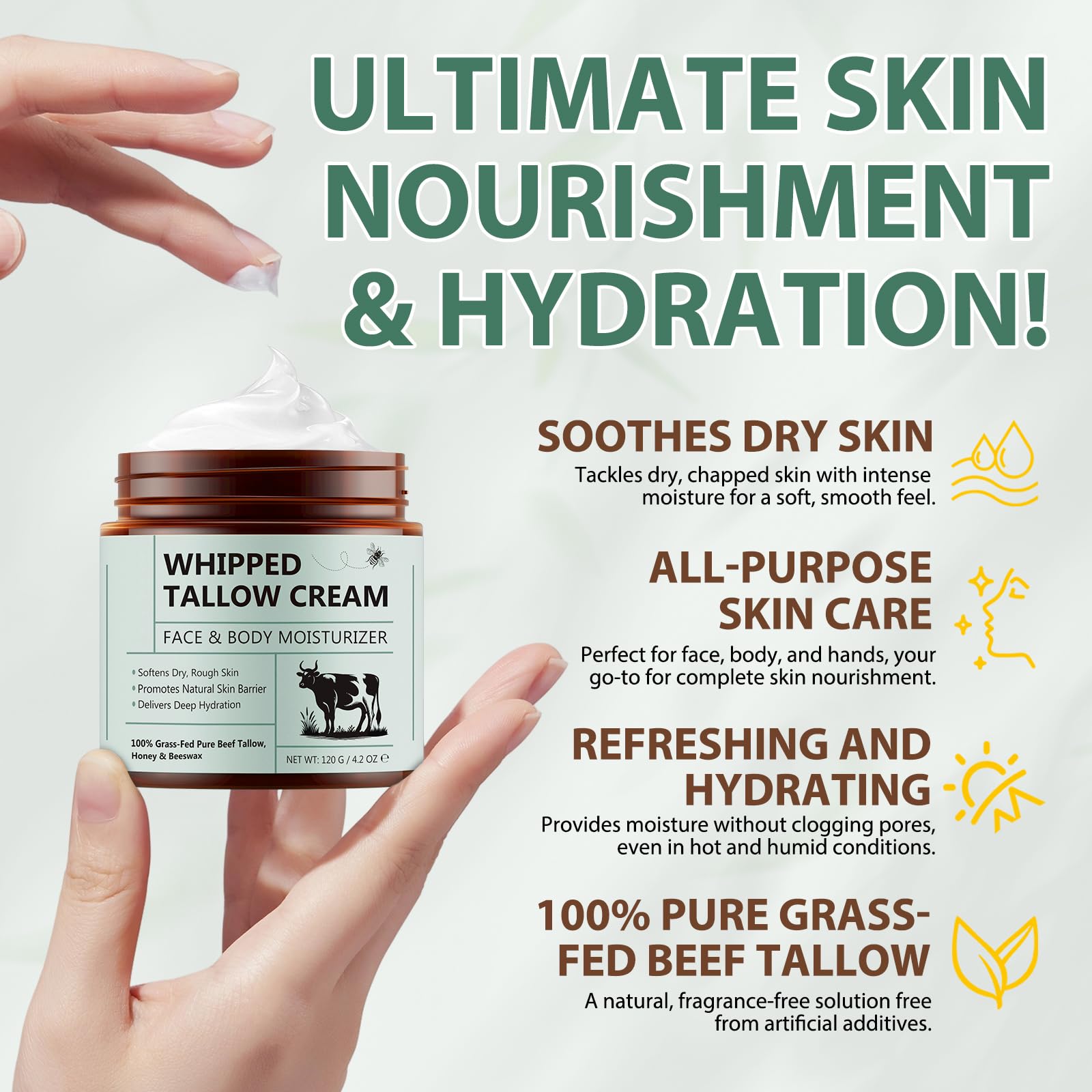 Shuangjia Beef Tallow Whipped Cream – Organic Face Moisturizer, 100% Grass-Fed Tallow, Honey & Beeswax