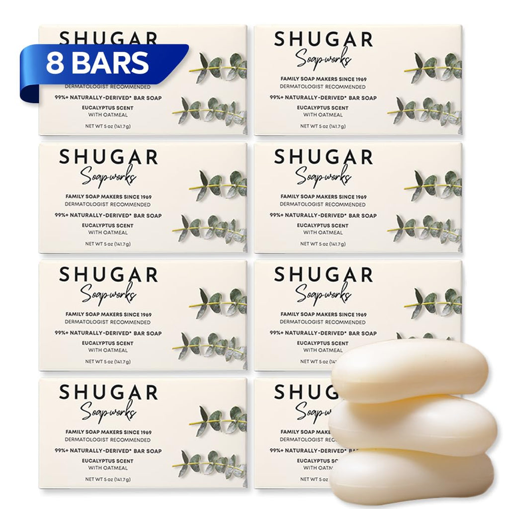 Shugar Soapworks Oatmeal & Eucalyptus Beauty Bar – 8-Pack, 5 oz Each | Plant-Based, Gentle Cleanser