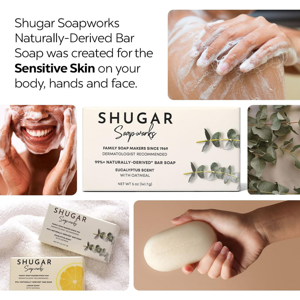 Shugar Soapworks Oatmeal & Eucalyptus Beauty Bar – 8-Pack, 5 oz Each | Plant-Based, Gentle Cleanser
