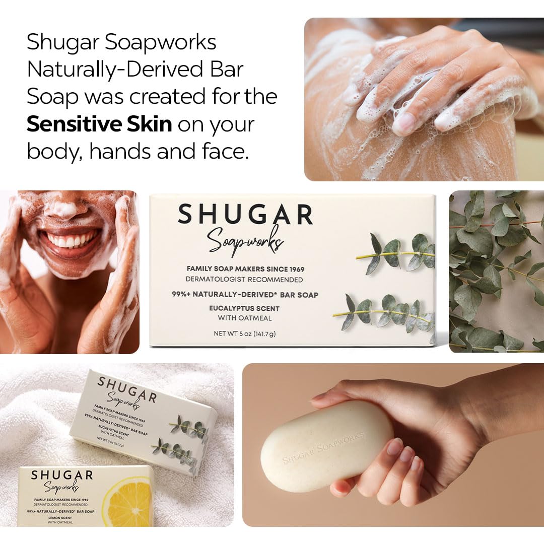 Shugar Soapworks Oatmeal & Eucalyptus Beauty Bar – 8-Pack, 5 oz Each | Plant-Based, Gentle Cleanser