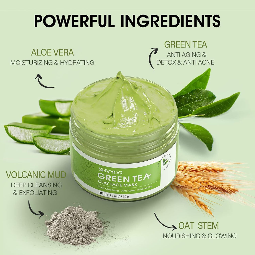 SHVYOG Green Tea Face Mask | Antioxidant Green Tea Clay Mask with Volcanic Mud