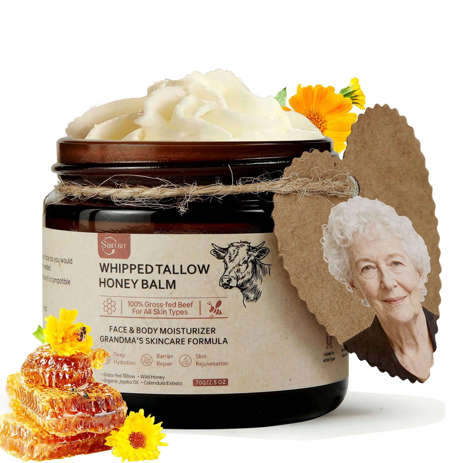 SIBITBIT Beef Tallow Honey Balm – 100% Organic Grass-Fed Whipped Moisturizer for Sensitive, Dry Skin (2oz)
