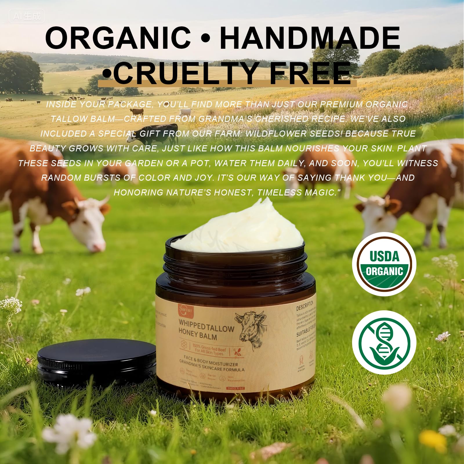 SIBITBIT Beef Tallow Honey Balm – 100% Organic Grass-Fed Whipped Moisturizer for Sensitive, Dry Skin (2oz)