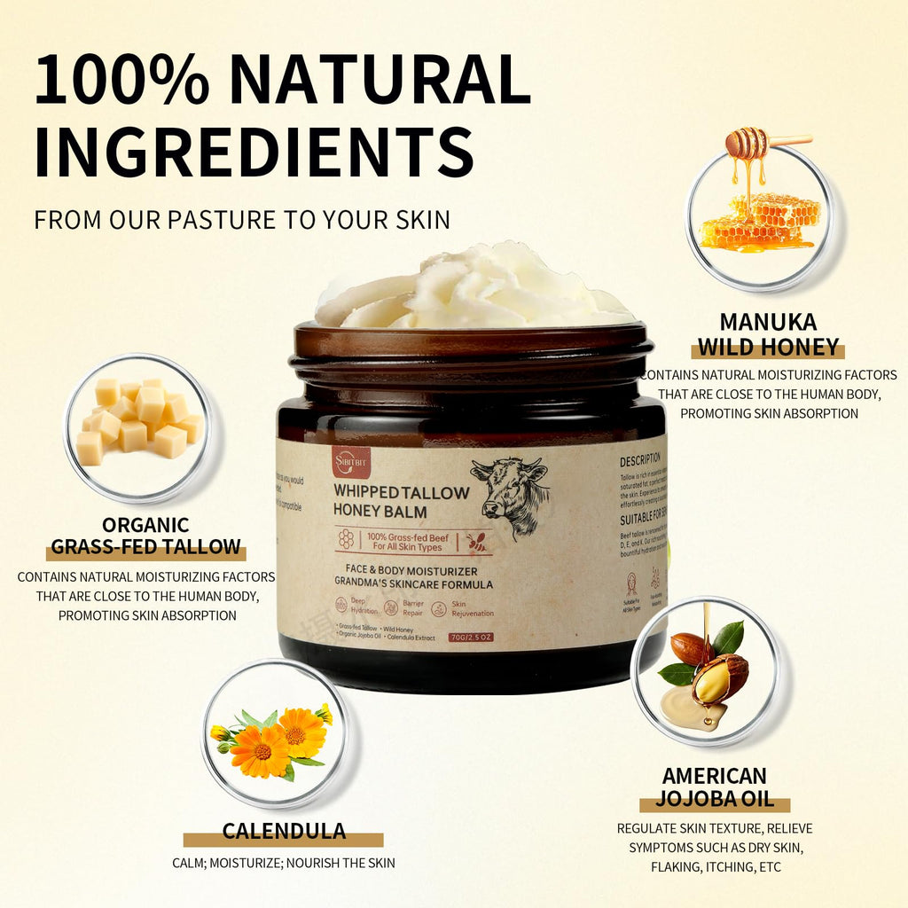 SIBITBIT Beef Tallow Honey Balm – 100% Organic Grass-Fed Whipped Moisturizer for Sensitive, Dry Skin (2oz)
