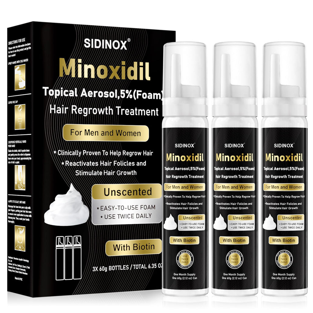 Sidinox 5% Minoxidil Foam for Men & Women – Biotin-Boosted Hair Growth, 3-Month Supply