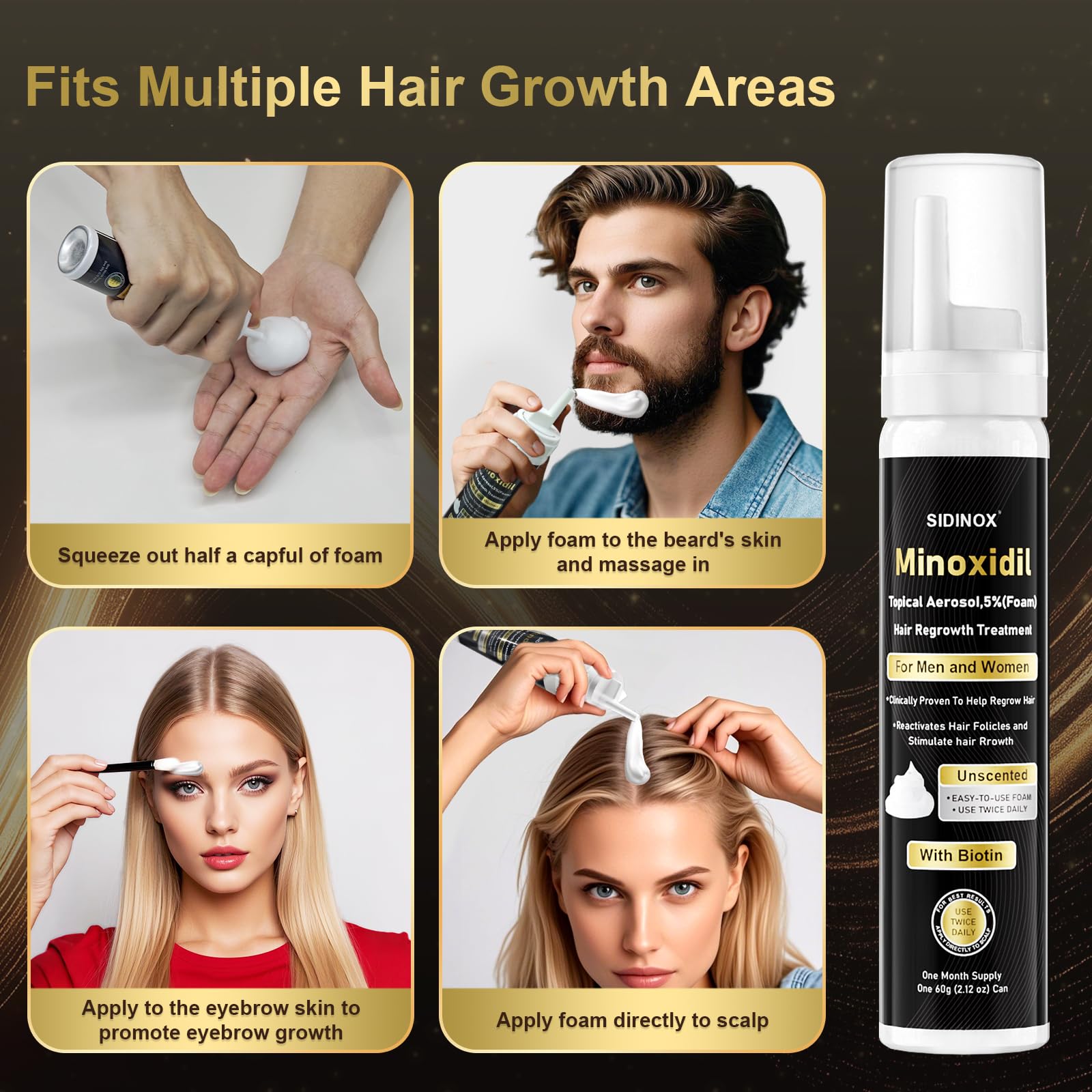 Sidinox 5% Minoxidil Foam for Men & Women – Biotin-Boosted Hair Growth, 3-Month Supply