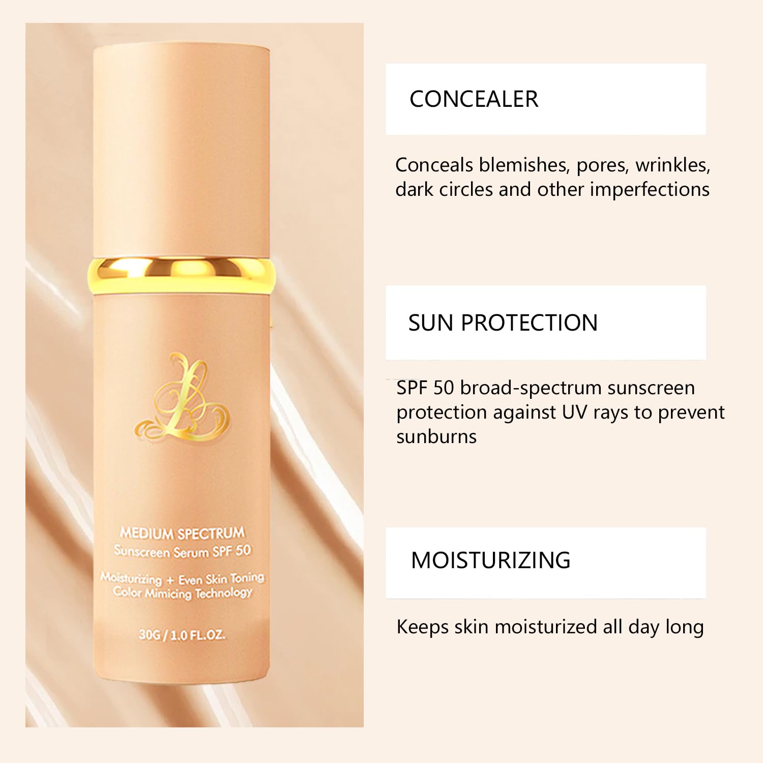 Sigoyi Foundation 4-in-1 SPF50+ Color-Changing Foundation | Medium Shade, Full Coverage Concealer, Hydrating & Waterproof