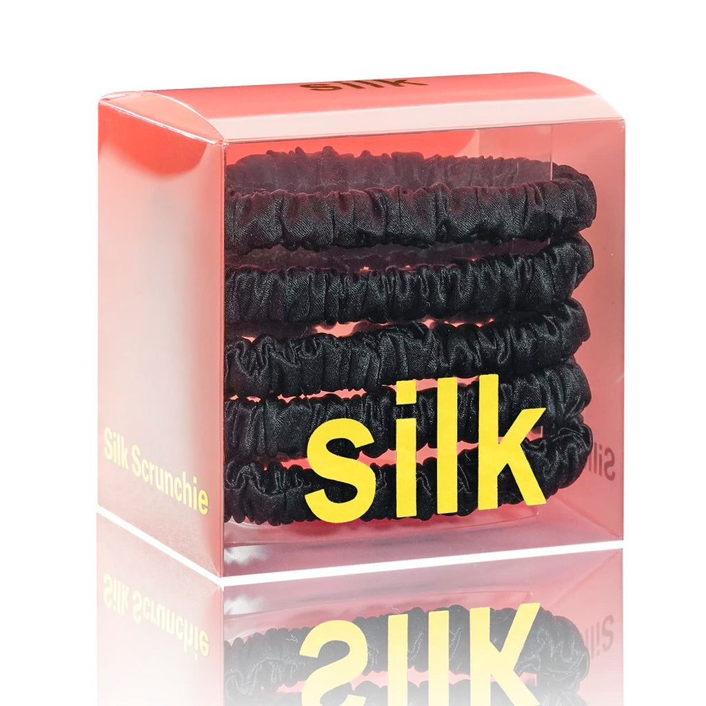 Silmer Silk Scrunchies – 100% Mulberry Silk, 22 Momme, 5-Pack (Black) | Hair Ties