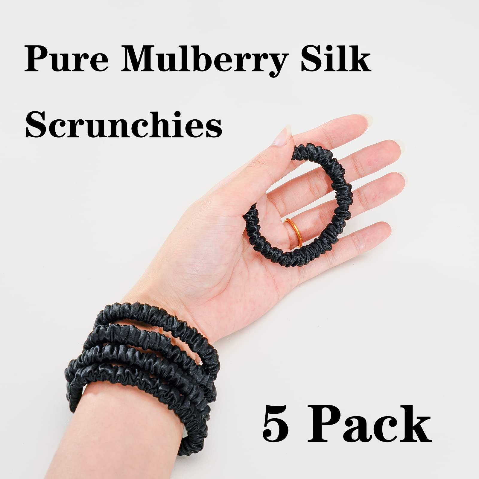 Silmer Silk Scrunchies – 100% Mulberry Silk, 22 Momme, 5-Pack (Black) | Hair Ties