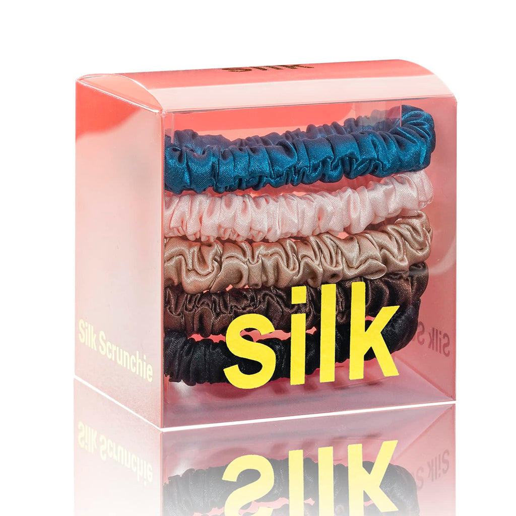 Silmer Silk Scrunchies – 22 Momme Mulberry Silk, 5-Pack (Peacock Blue, Pink, Apricot, Dark Coffee, Black)
