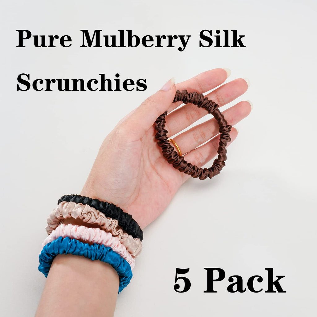 Silmer Silk Scrunchies – 22 Momme Mulberry Silk, 5-Pack (Peacock Blue, Pink, Apricot, Dark Coffee, Black)