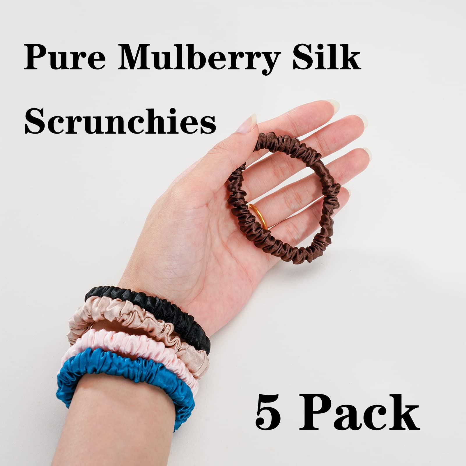 Silmer Silk Scrunchies – 22 Momme Mulberry Silk, 5-Pack (Peacock Blue, Pink, Apricot, Dark Coffee, Black)