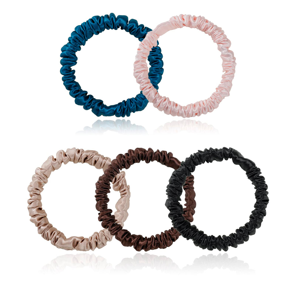 Silmer Silk Scrunchies – 22 Momme Mulberry Silk, 5-Pack (Peacock Blue, Pink, Apricot, Dark Coffee, Black)