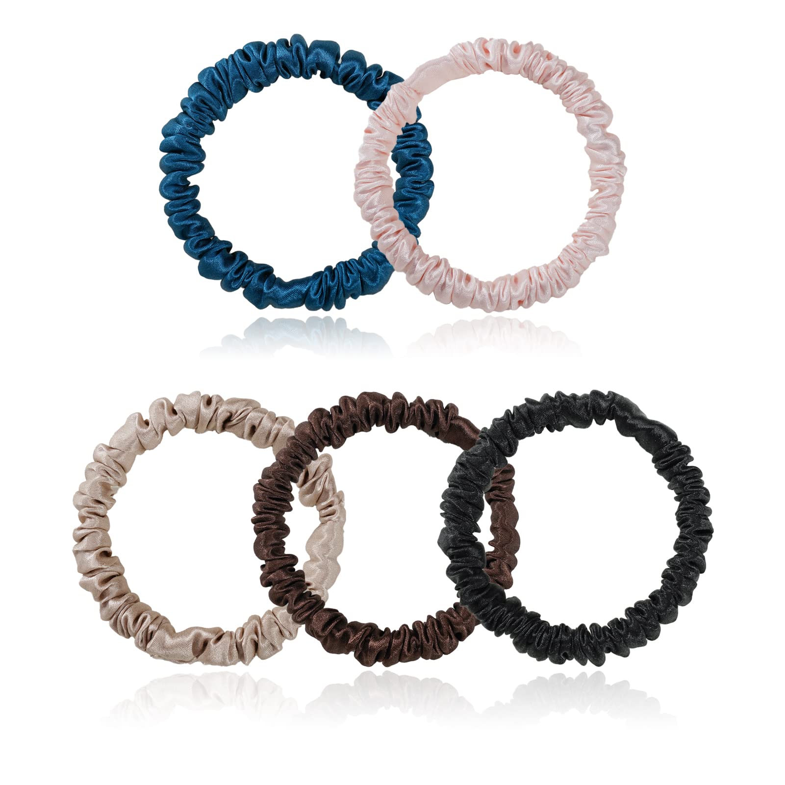 Silmer Silk Scrunchies – 22 Momme Mulberry Silk, 5-Pack (Peacock Blue, Pink, Apricot, Dark Coffee, Black)