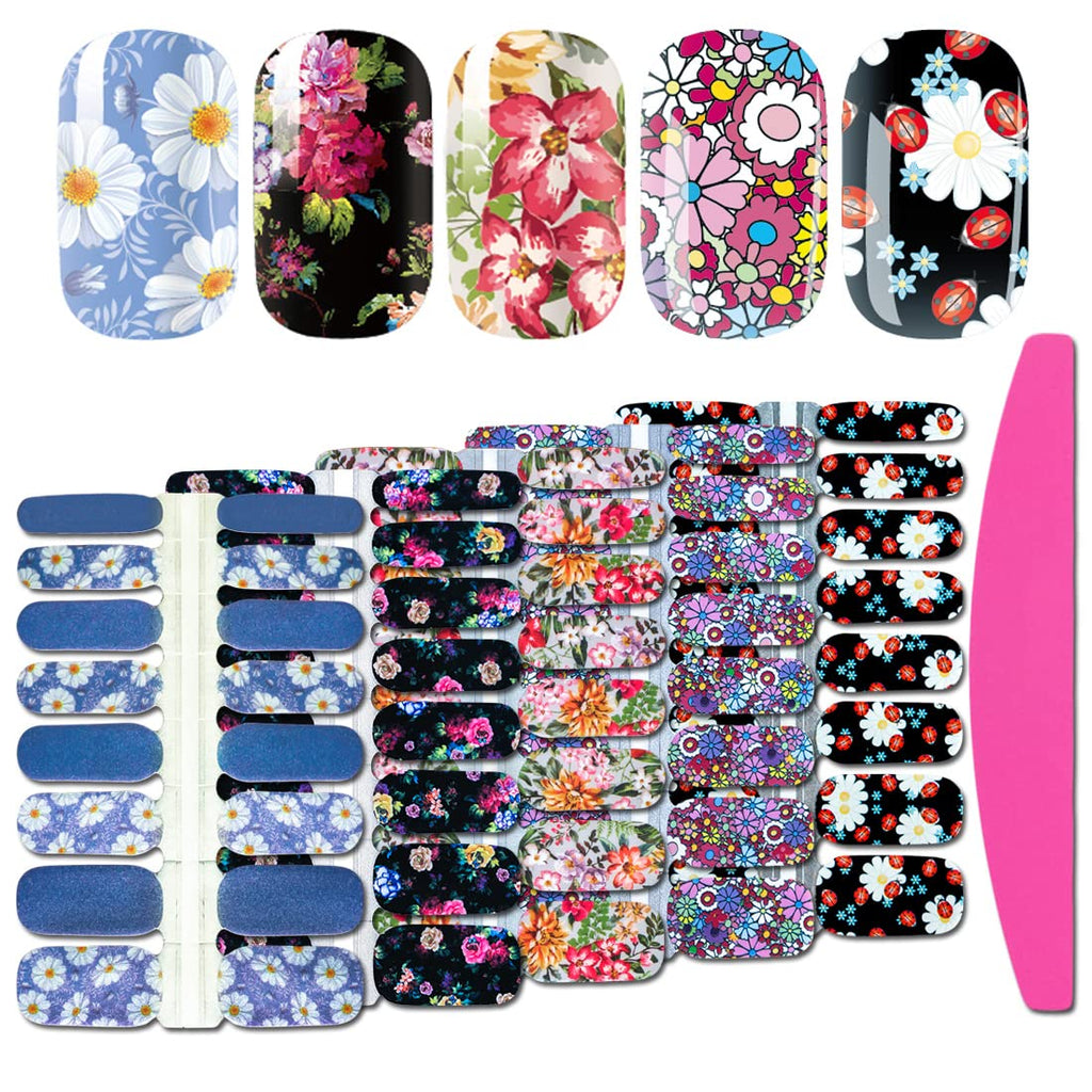 SILPECWEE 5 Sheets Flower Nail Strips – Self-Adhesive Full Nail Wraps with File