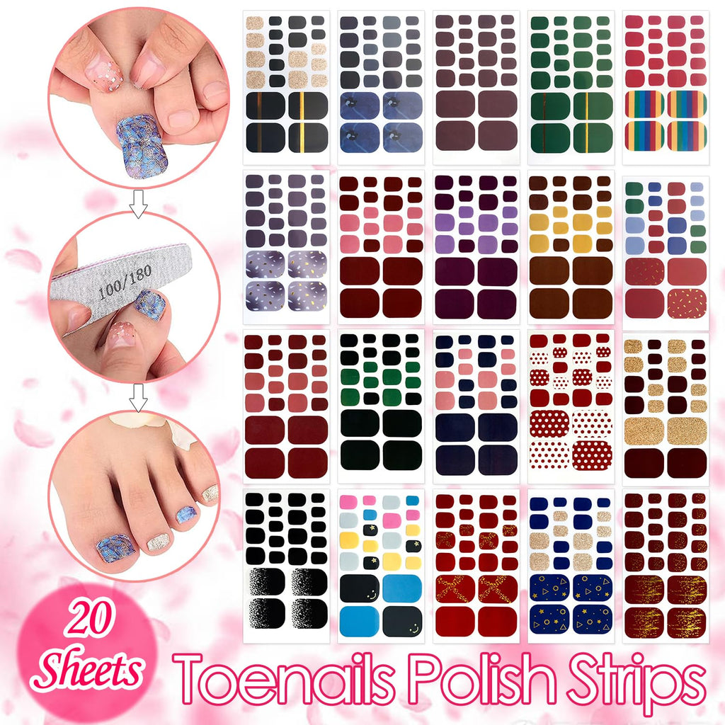 SILPECWEE 20 Sheets Adhesive Toe Nail Polish Stickers – Full Wraps, Solid Color, Includes Nail File