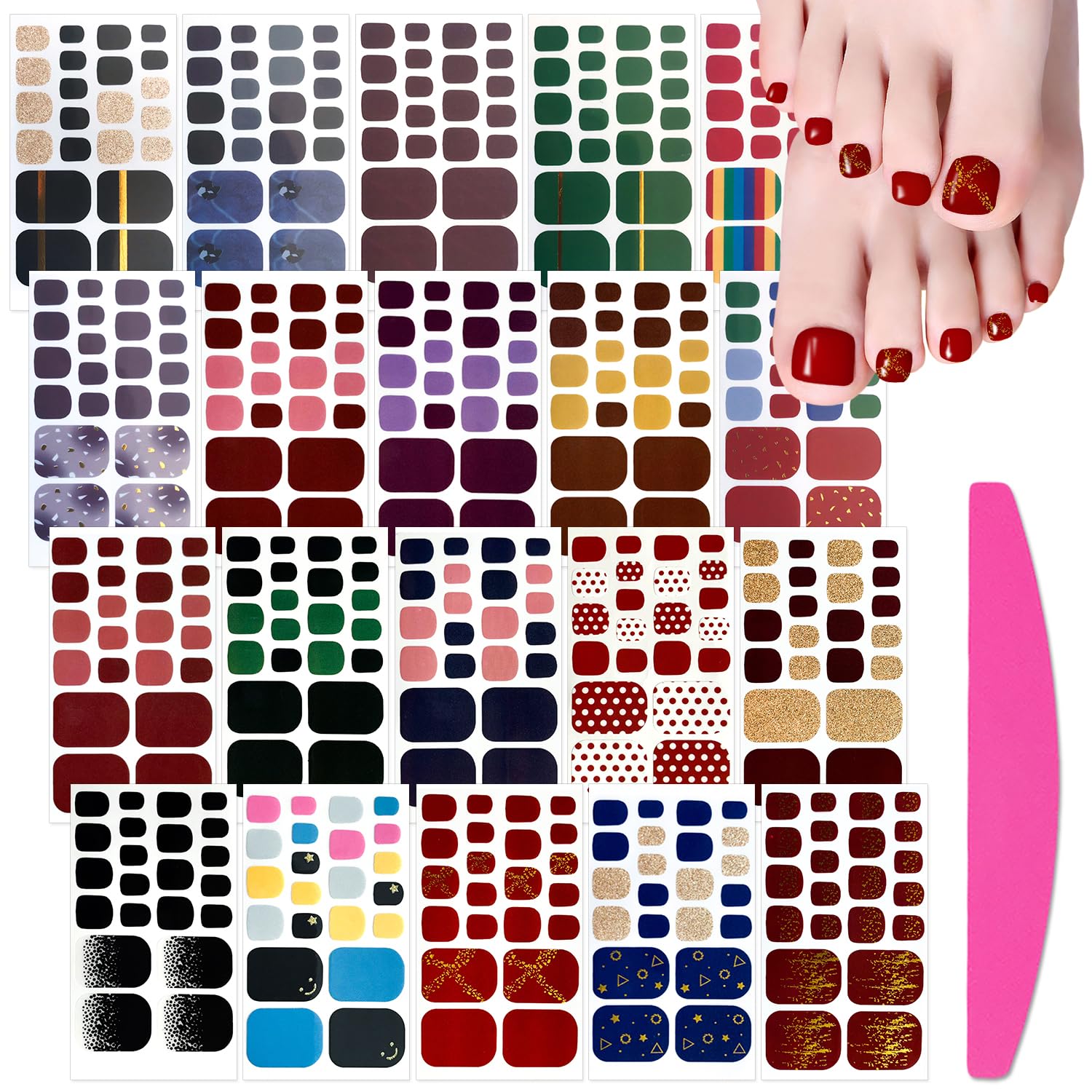 SILPECWEE 20 Sheets Adhesive Toe Nail Polish Stickers – Full Wraps, Solid Color, Includes Nail File