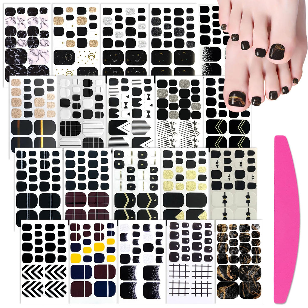 SILPECWEE Black Toe Nail Stickers – 20 Sheets Full Nail Wraps for Toes | Self-Adhesive Gel Nail Strips