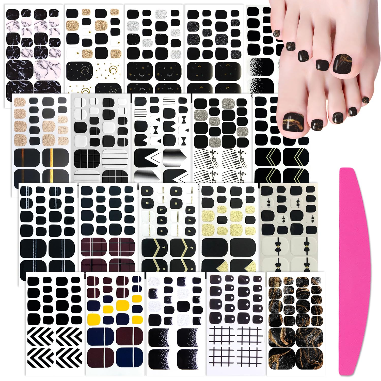 SILPECWEE Black Toe Nail Stickers – 20 Sheets Full Nail Wraps for Toes | Self-Adhesive Gel Nail Strips