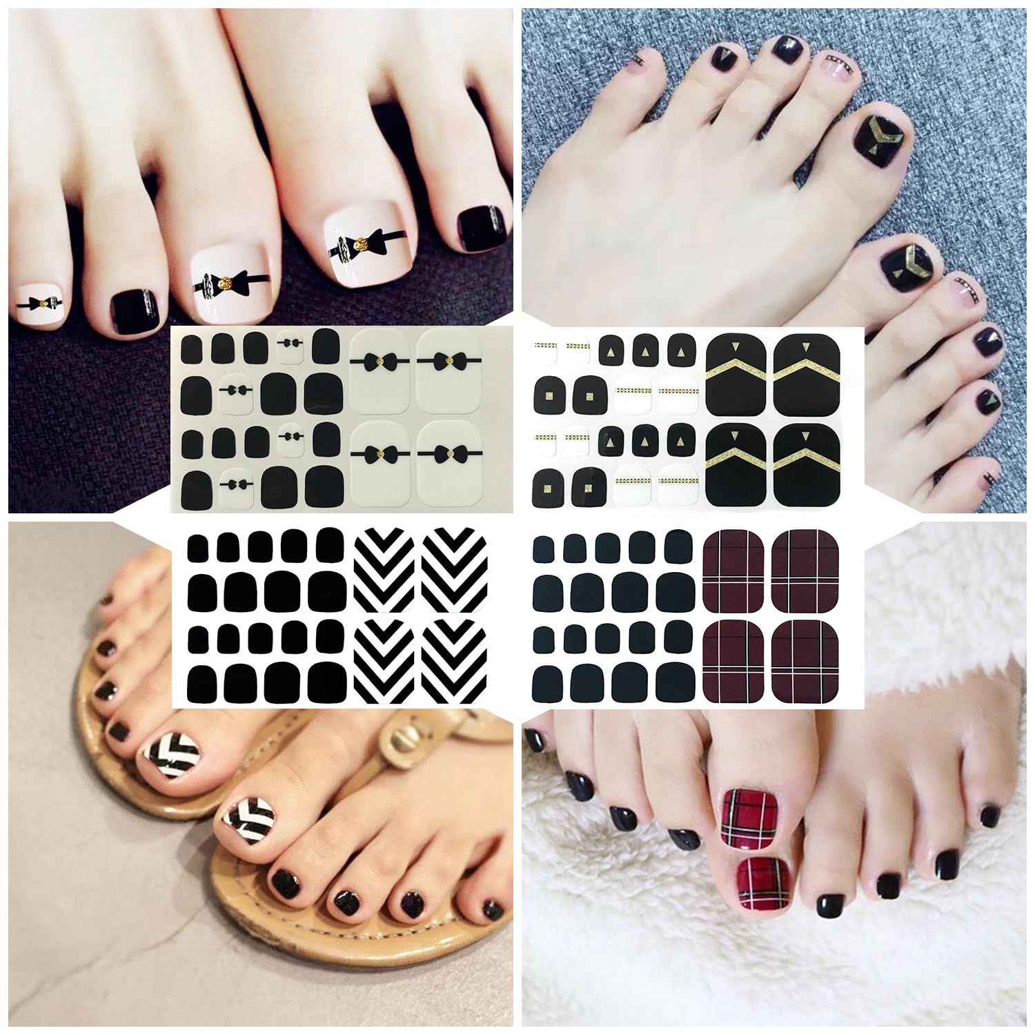 SILPECWEE Black Toe Nail Stickers – 20 Sheets Full Nail Wraps for Toes | Self-Adhesive Gel Nail Strips