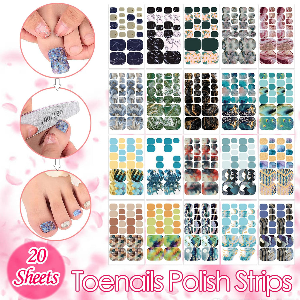 SILPECWEE Toe Nail Stickers – Marble Design Nail Wraps, 20 Sheets + File