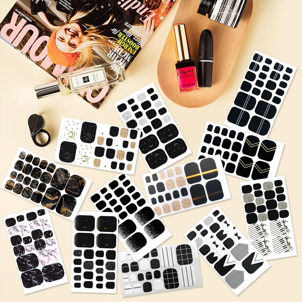 SILPECWEE Black Toe Nail Stickers – 20 Sheets Full Nail Wraps for Toes | Self-Adhesive Gel Nail Strips