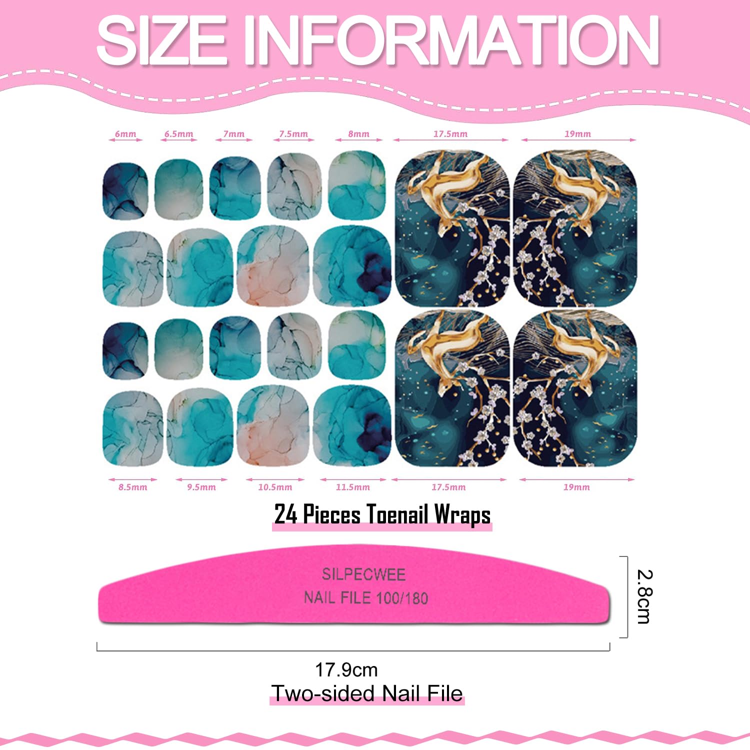 SILPECWEE Toe Nail Stickers – Marble Design Nail Wraps, 20 Sheets + File