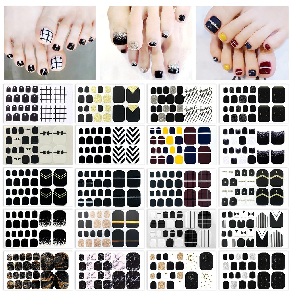 SILPECWEE Black Toe Nail Stickers – 20 Sheets Full Nail Wraps for Toes | Self-Adhesive Gel Nail Strips
