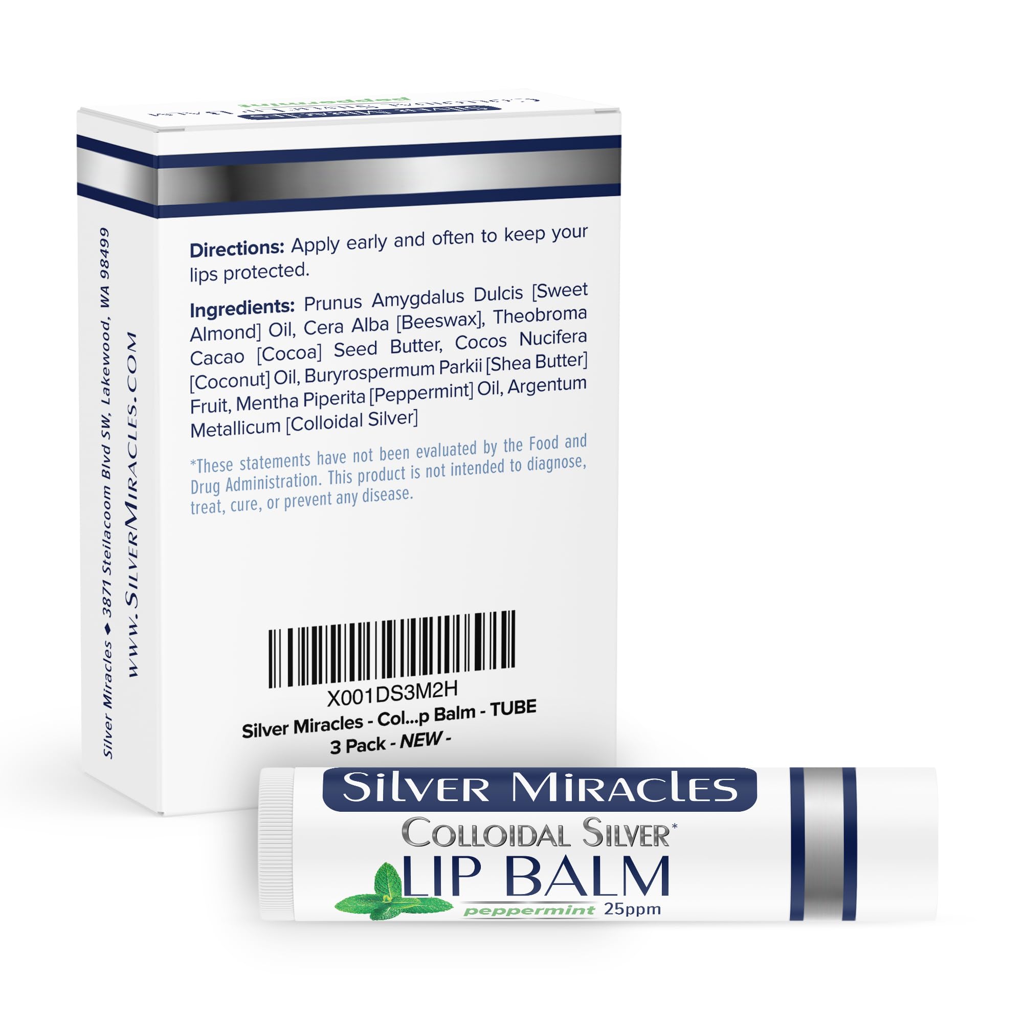 Silver Miracles Colloidal Silver Lip Balm - 3 Pack Tube