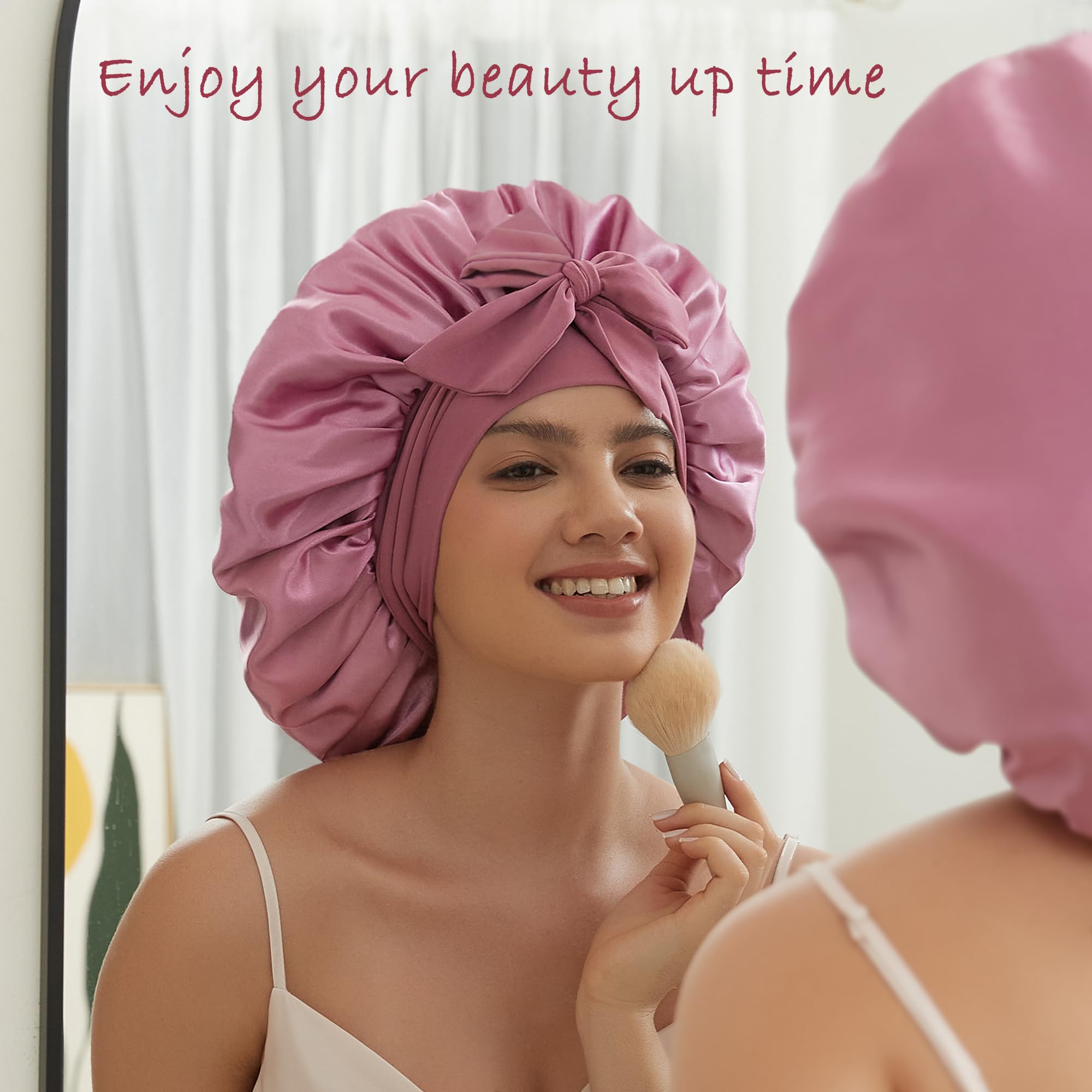 Simapu Satin Bonnet with Tie Band – Reversible Double-Layer Sleep Cap for Braids and Curly Hair