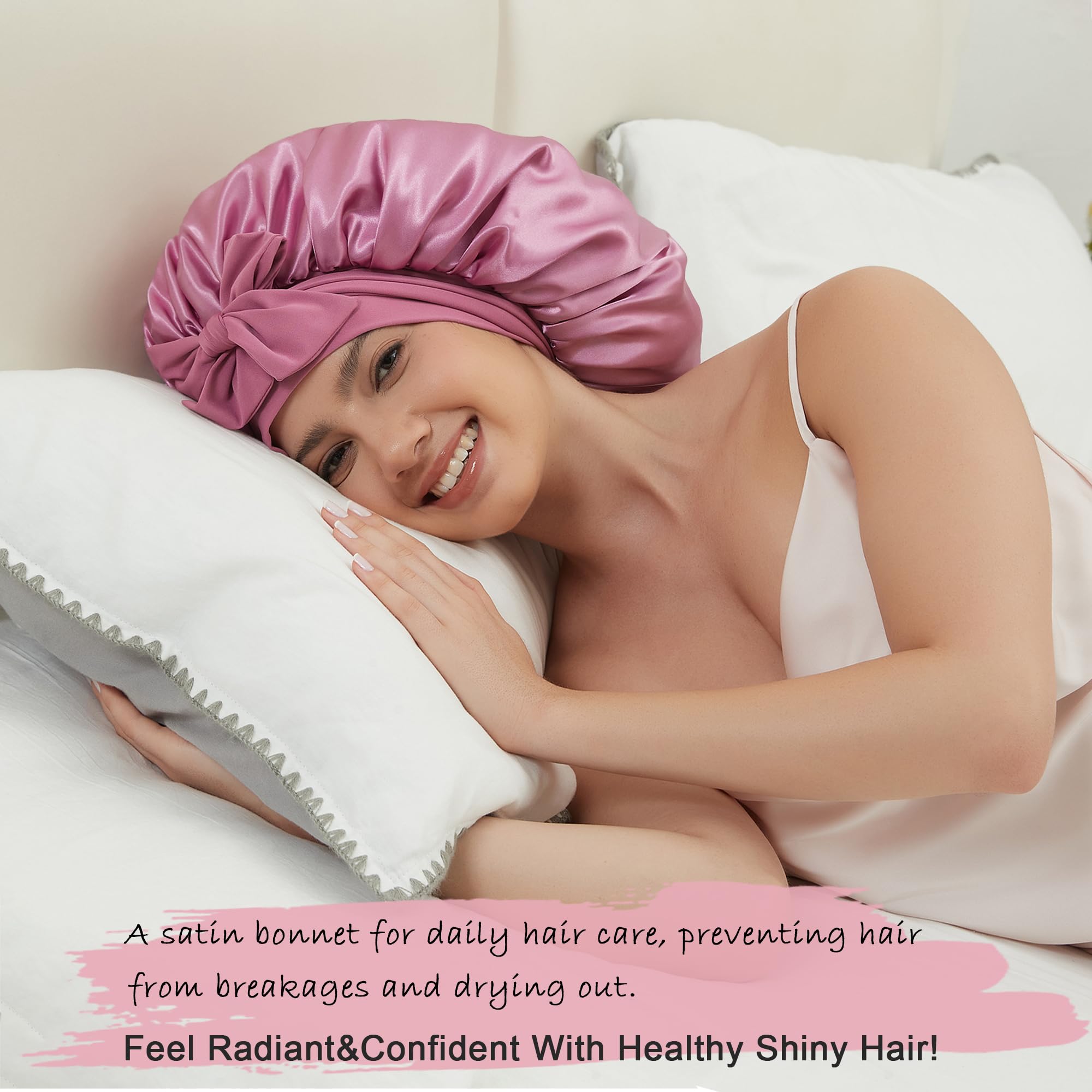 Simapu Satin Bonnet with Tie Band – Reversible Double-Layer Sleep Cap for Braids and Curly Hair