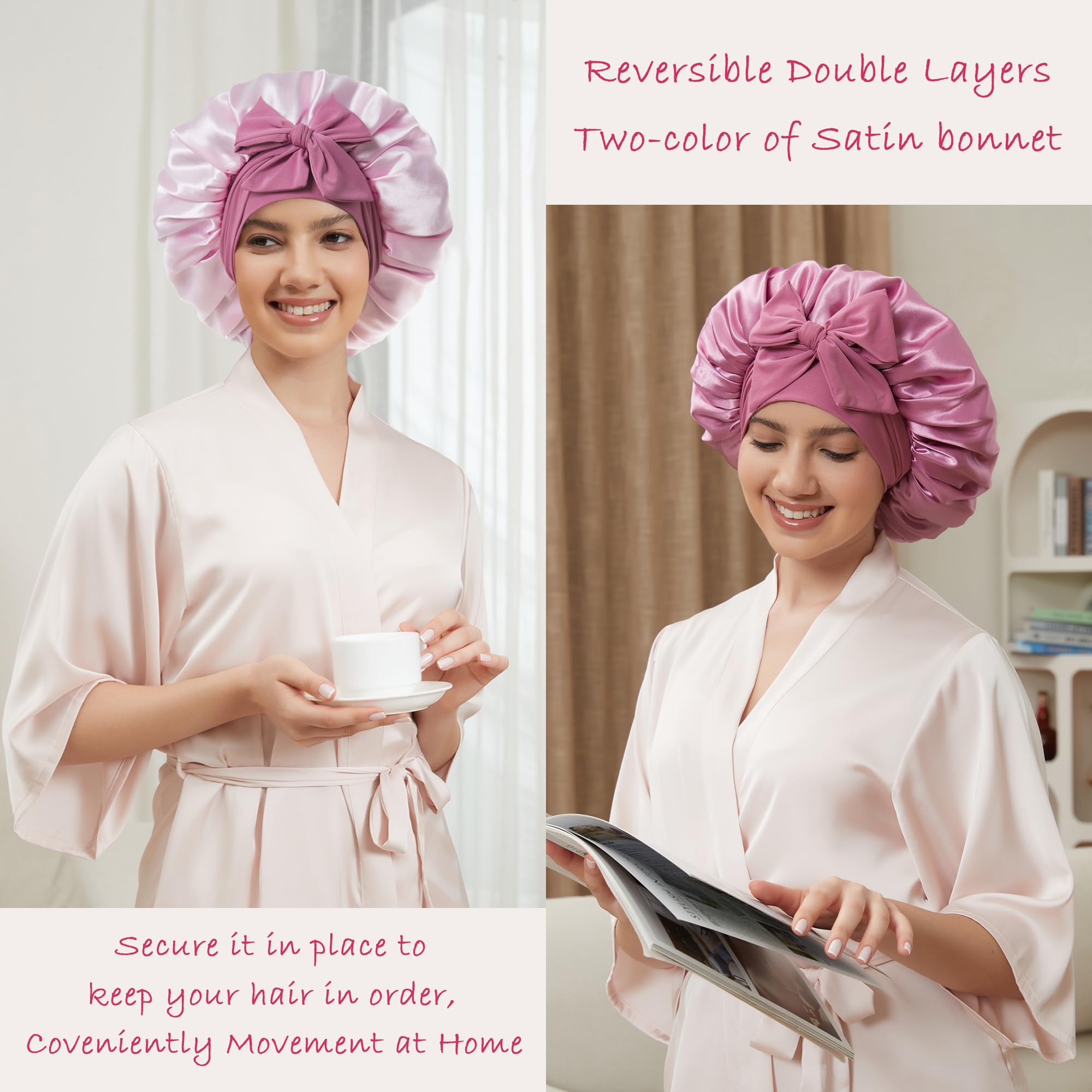 Simapu Satin Bonnet with Tie Band – Reversible Double-Layer Sleep Cap for Braids and Curly Hair