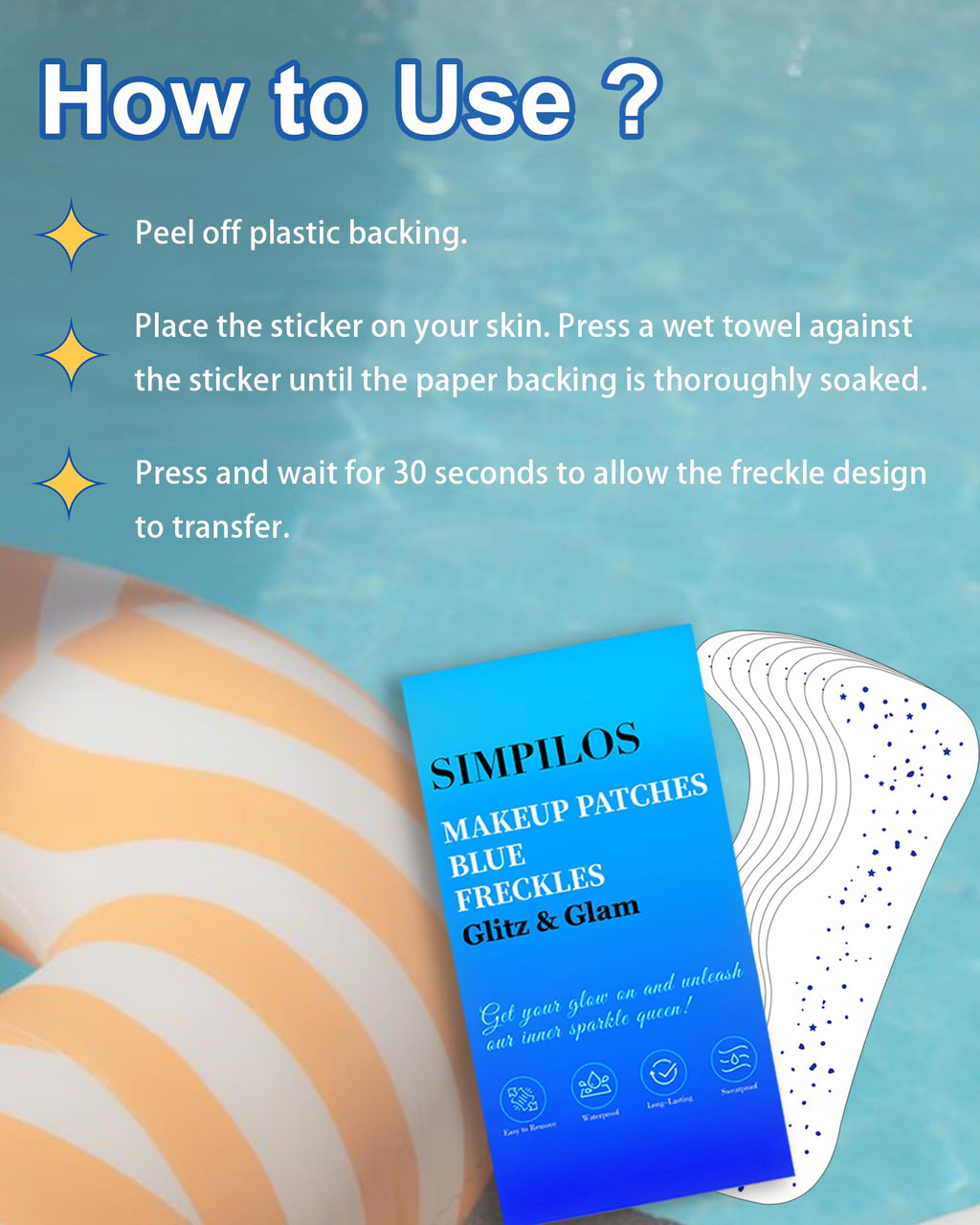 Simpilos Blue Face Glitter Patches - Waterproof, Long-Lasting Body Glitter for Festivals & Parties (8 Sheets)