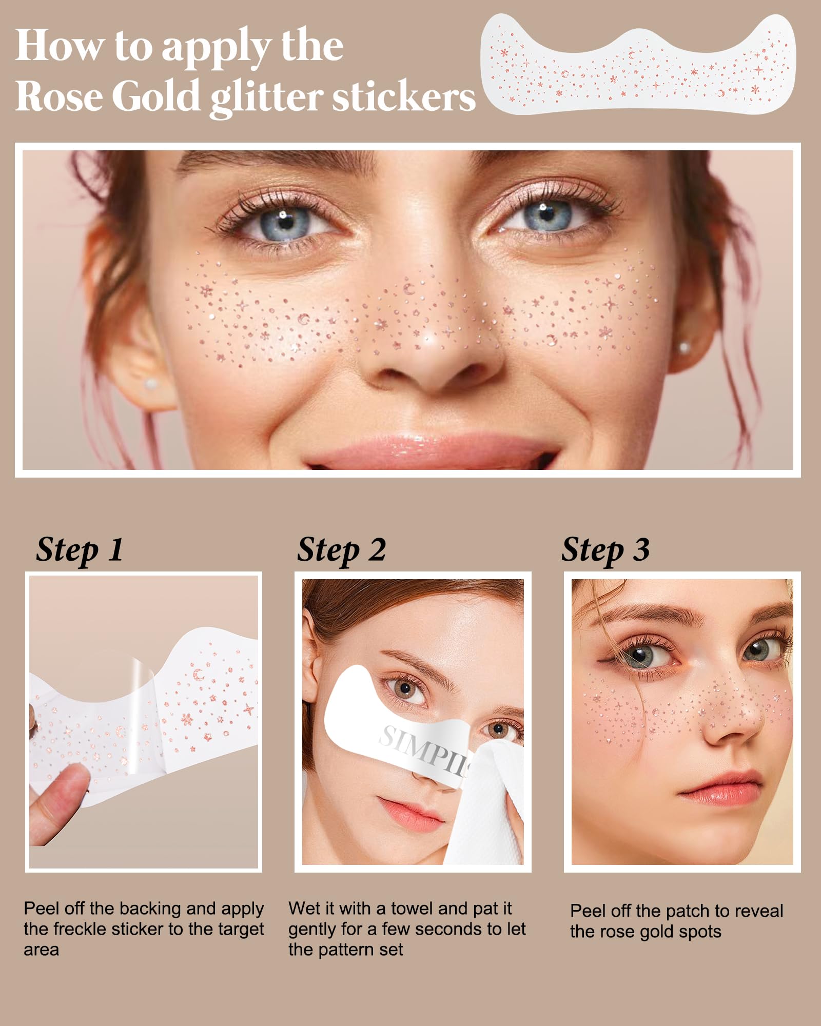 Simpilos Rose Gold Glitter Face Patches – Waterproof Face Tattoos for Festival & Party (8 Counts)