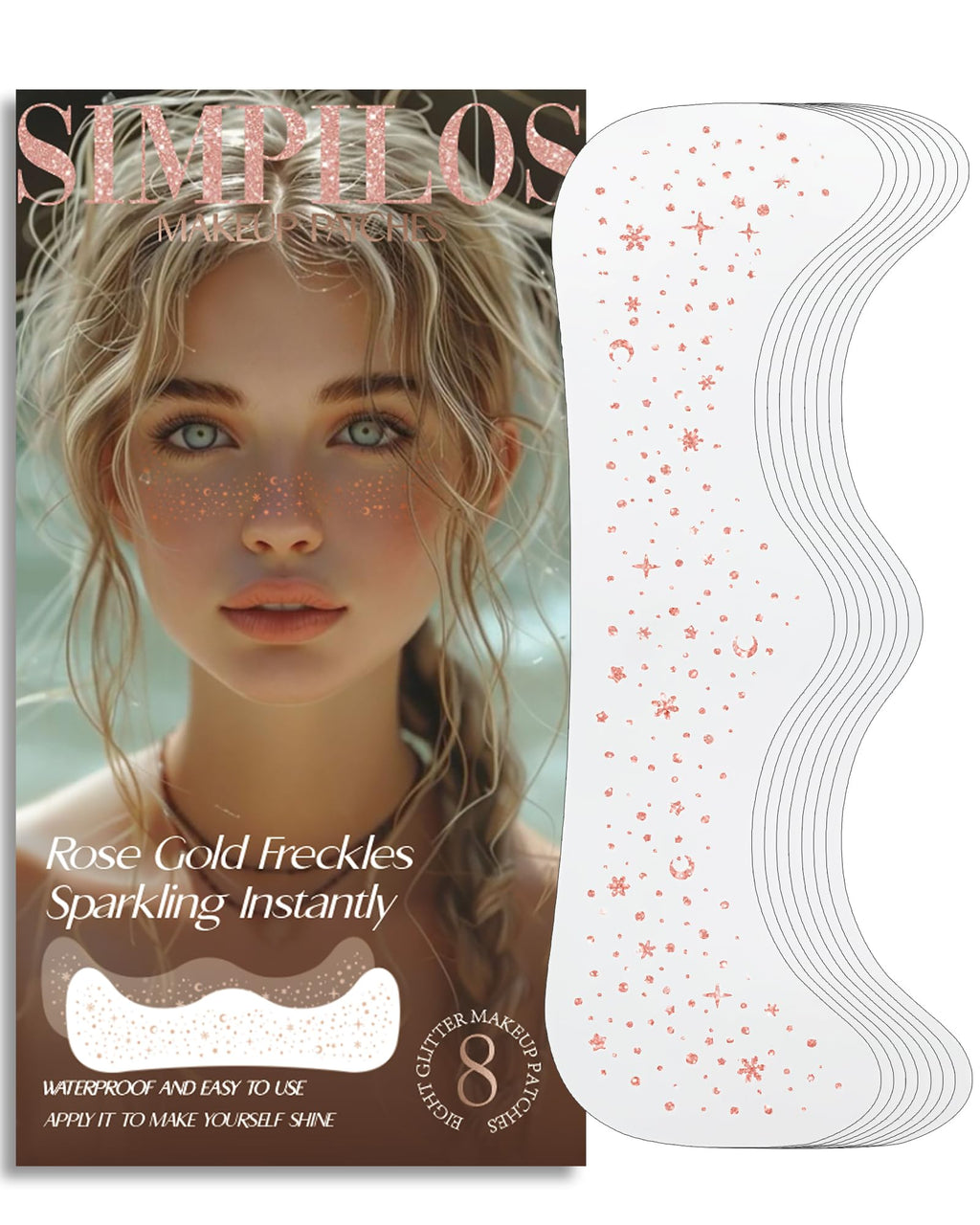 Simpilos Rose Gold Glitter Face Patches – Waterproof Face Tattoos for Festival & Party (8 Counts)