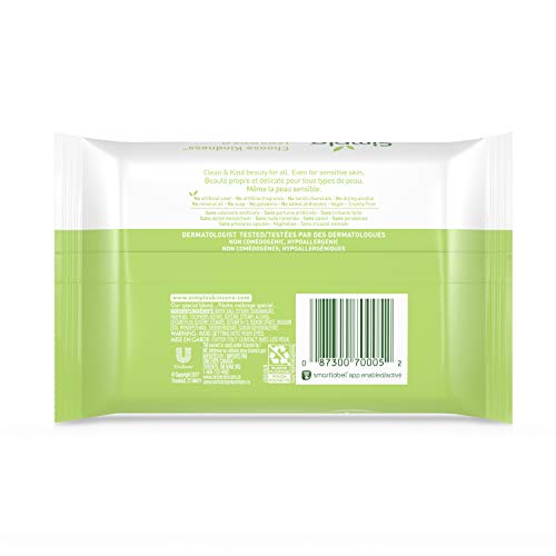 Simple Cleansing Wipes — Kind to Skin, Removes Waterproof Mascara, Fragrance-Free, 25 Count (Pack of 6)