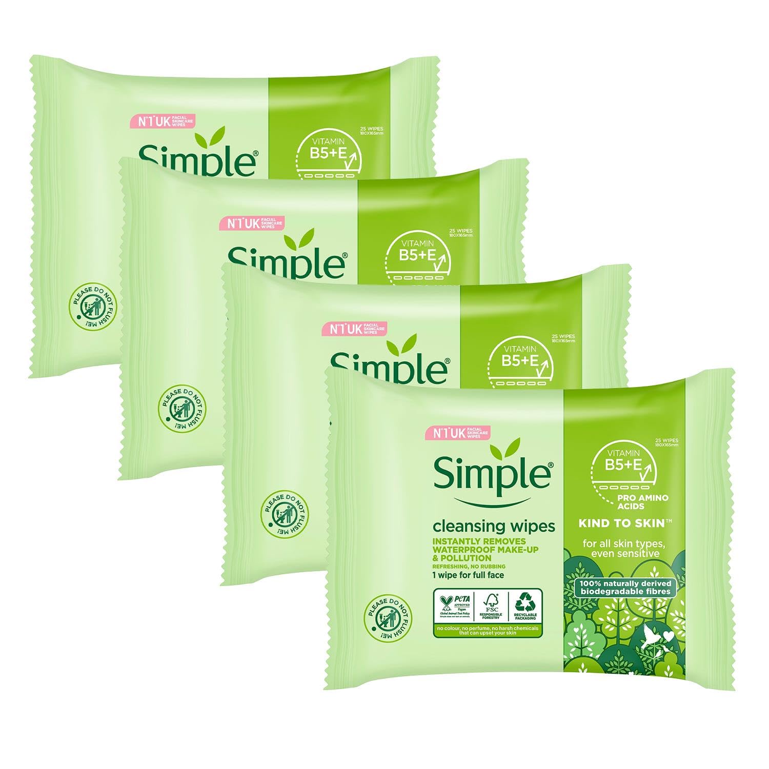 Simple Sensitive Skin Experts Cleansing Wipes & Waterproof Mascara Remover – Even Softer, 25 Count (4 Pack)