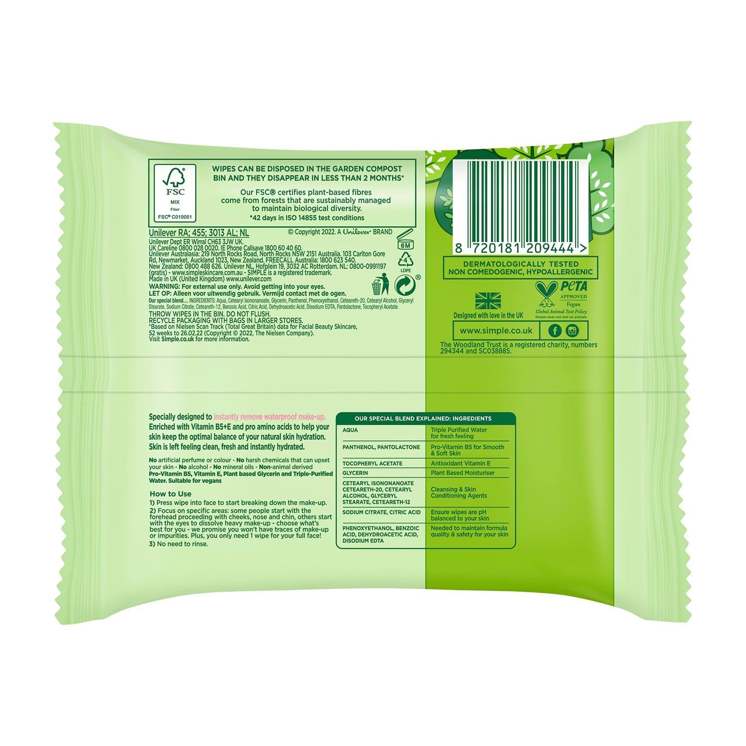 Simple Sensitive Skin Experts Cleansing Wipes & Waterproof Mascara Remover – Even Softer, 25 Count (4 Pack)