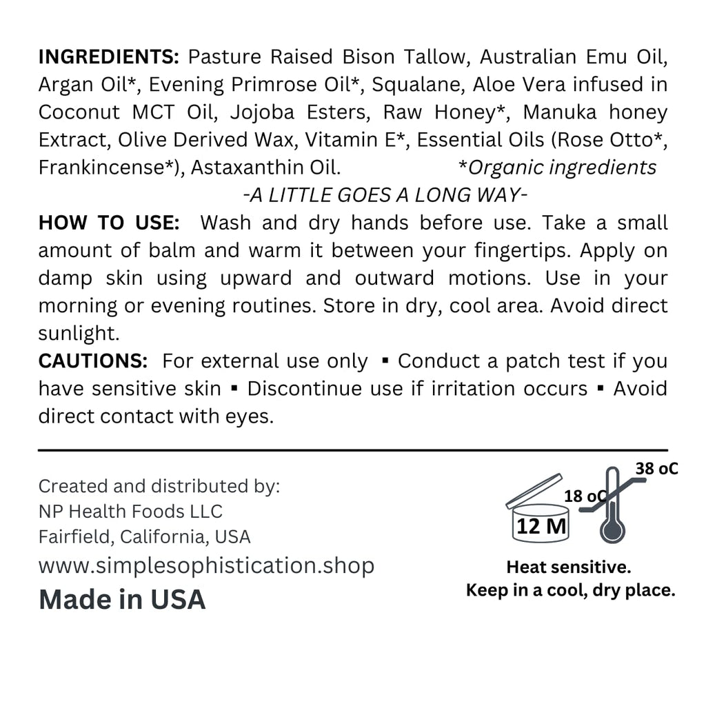 Simple Sophistication BISON | EMU | HONEY Balm – All-Natural Tallow Balm with Honey & Emu Oil | 2 oz