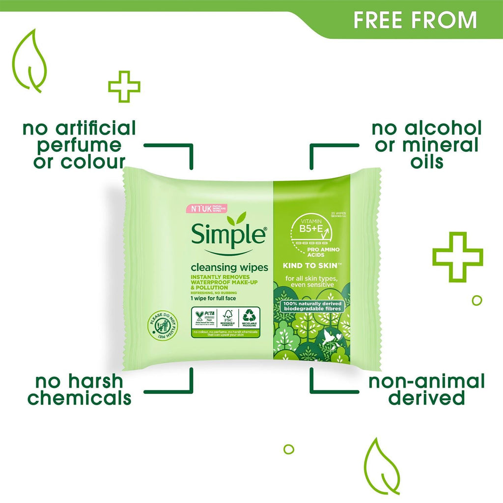 Simple Sensitive Skin Experts Cleansing Wipes & Waterproof Mascara Remover – Even Softer, 25 Count (4 Pack)