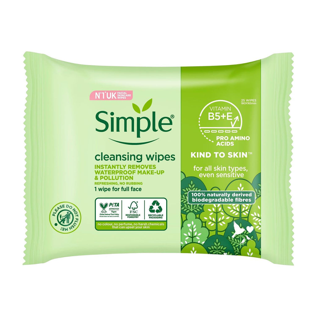 Simple Sensitive Skin Experts Cleansing Wipes & Waterproof Mascara Remover – Even Softer, 25 Count (4 Pack)