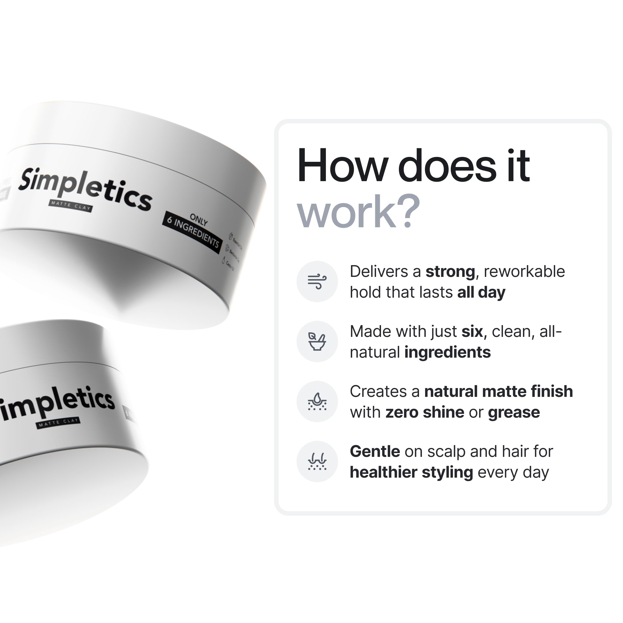 Simpletics Hair Clay for Men – Vanilla Scent, 6-Ingredient Natural Matte Styling with Beeswax & Coconut Oil – Strong Hold, Water-Based