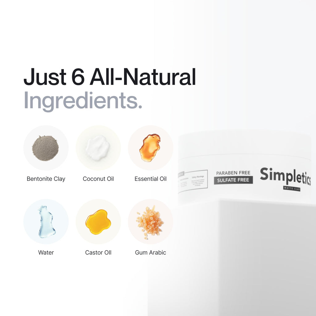 Simpletics Hair Clay for Men – Vanilla Scent, 6-Ingredient Natural Matte Styling with Beeswax & Coconut Oil – Strong Hold, Water-Based