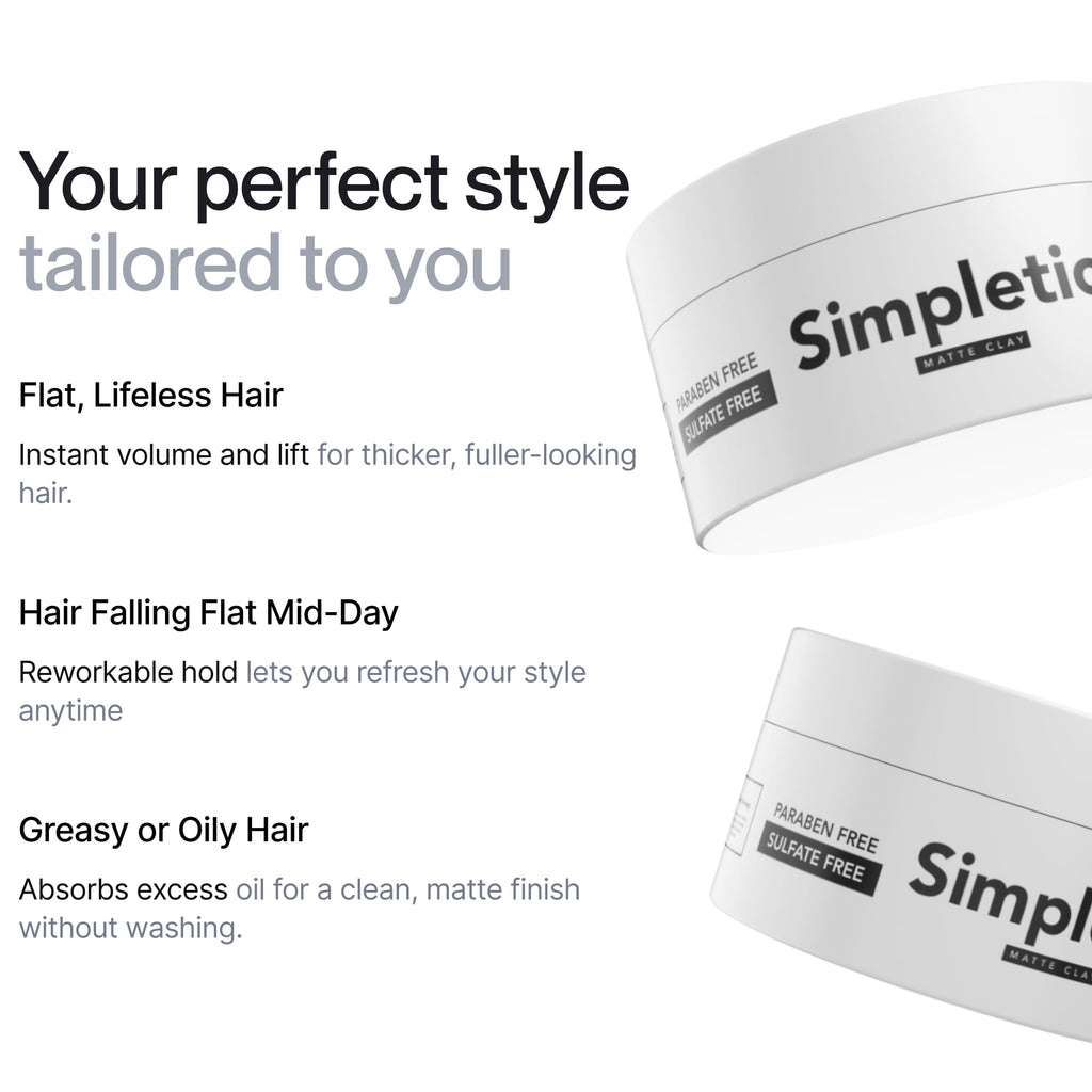 Simpletics Hair Clay for Men – Vanilla Scent, 6-Ingredient Natural Matte Styling with Beeswax & Coconut Oil – Strong Hold, Water-Based